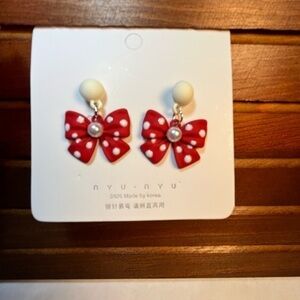 Fashion drop pierced earrings, red and white polkadot bow, imitation pearl